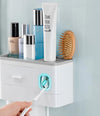 hand holding a toothbrush and bathroom organizer with cosmetics