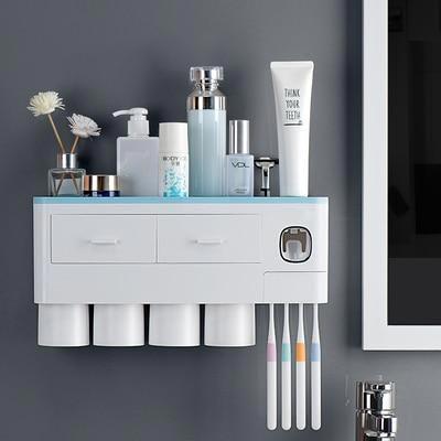 bathroom organizer with cups toothbrushes and cosmetics