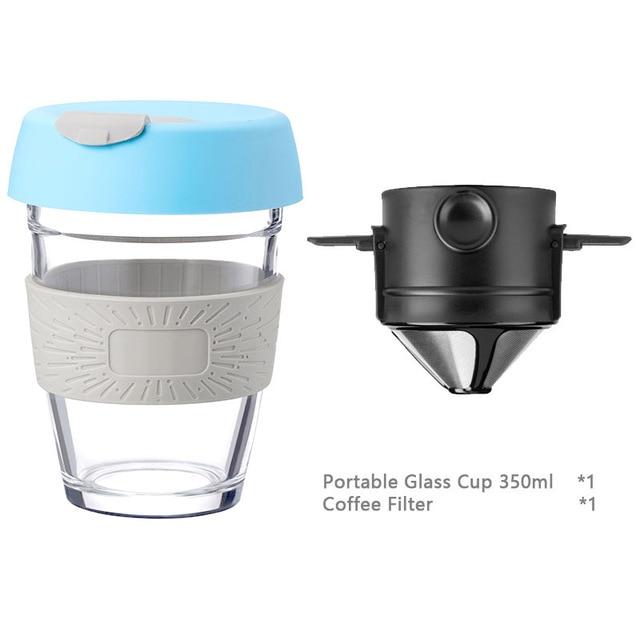 blue portable glass cup with coffee filter