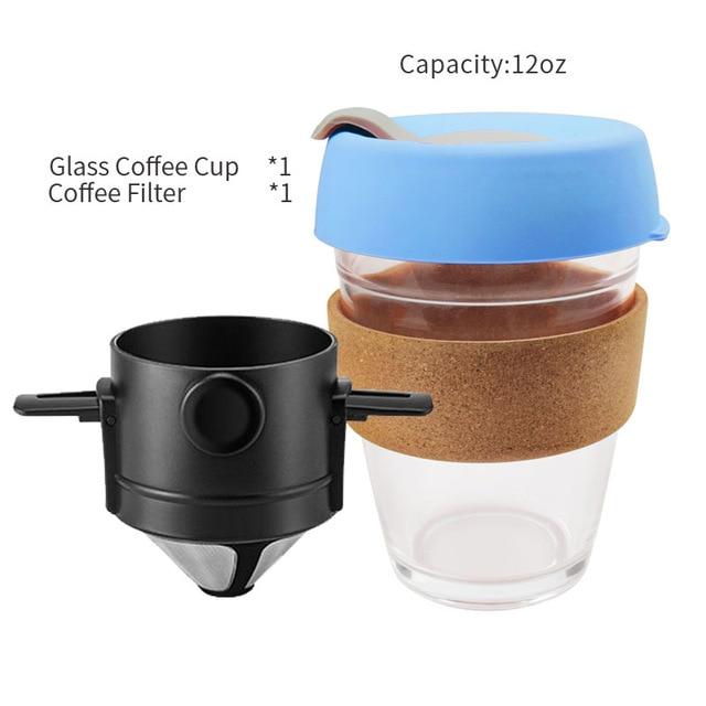blue wood grain portable glass cup with coffee filter