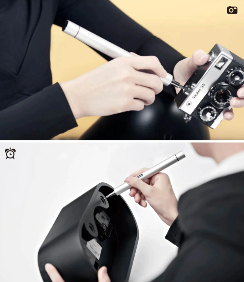 man repairing an appliance while holding an electronic screw driver