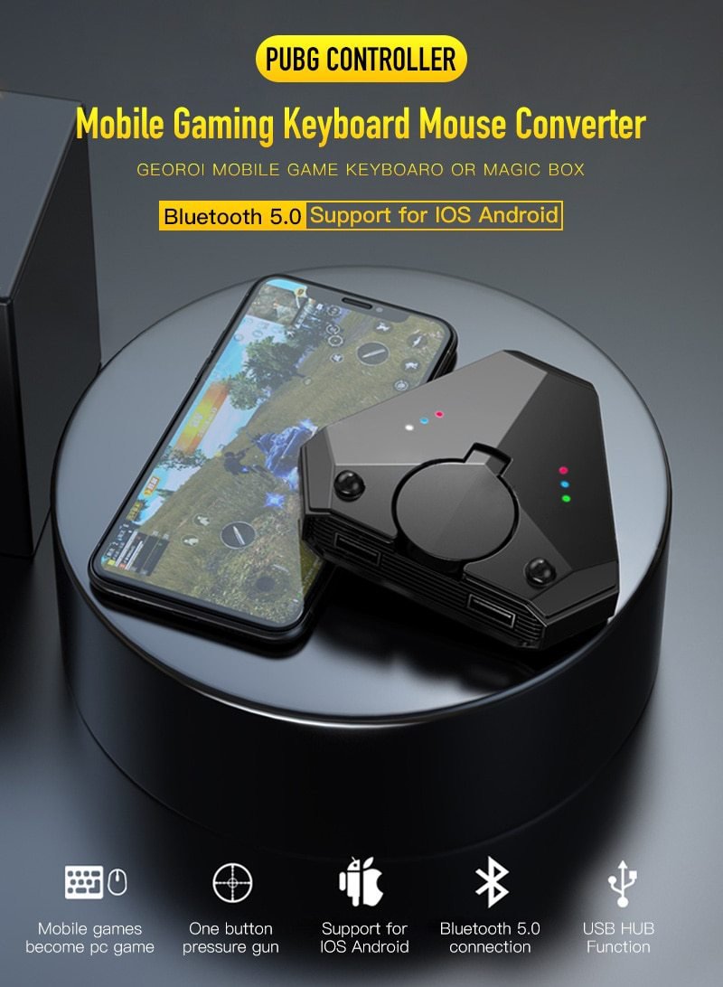 gamepad converter with mobile phone on a black circle platform