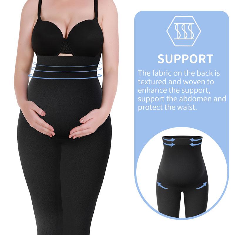 pregnant woman wearing a leggings and supporting her bump