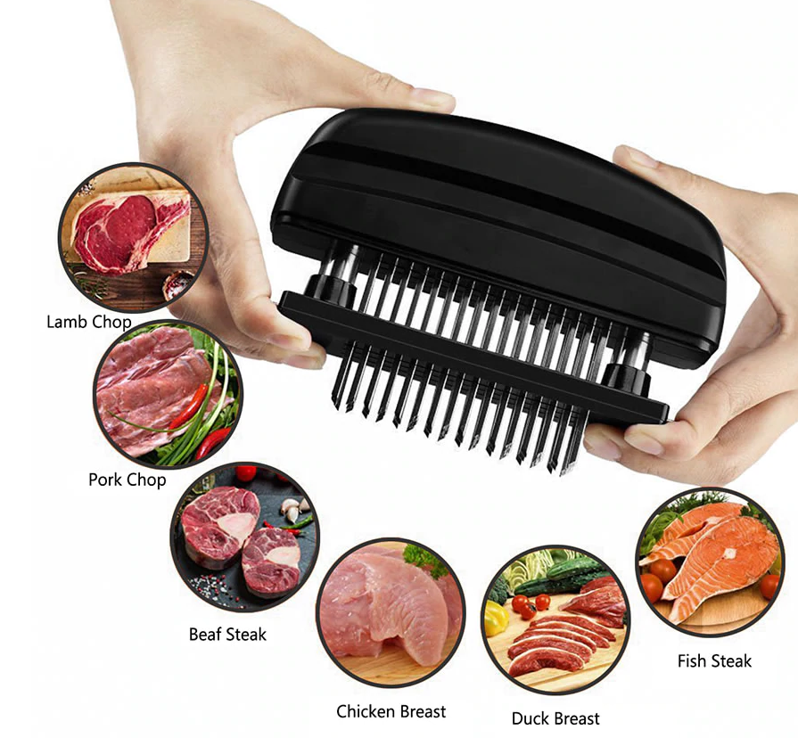 hand holding a meat tenderizer and different kinds of animal meat