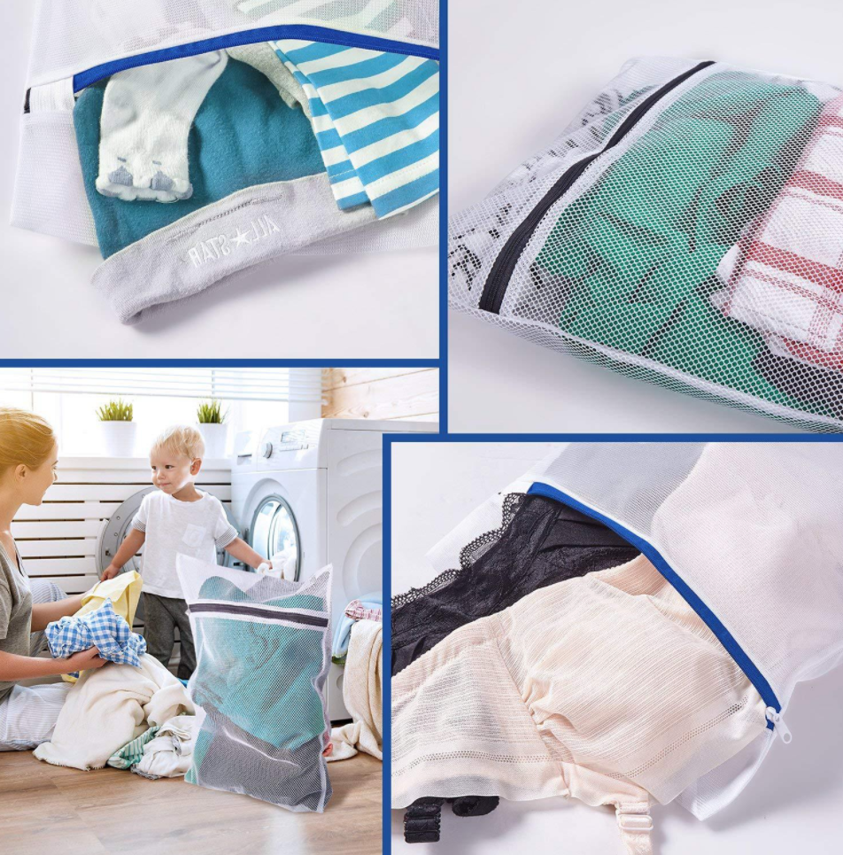 clothes inside a laundry mesh bag and mother and son putting the clothes inside the washing machine