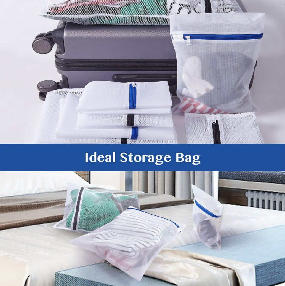 clothes stored inside a mesh laundry bag