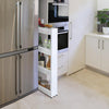 storage shelf plastic rack beside a refrigerator
