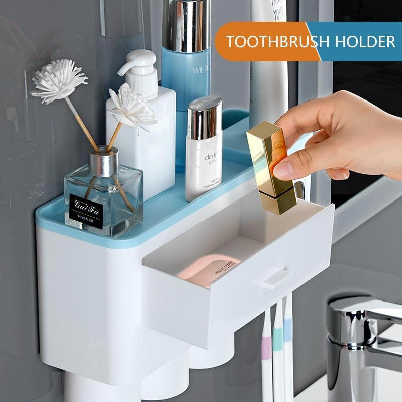 hand holding a lipstick and wall mount organizer with cosmetics