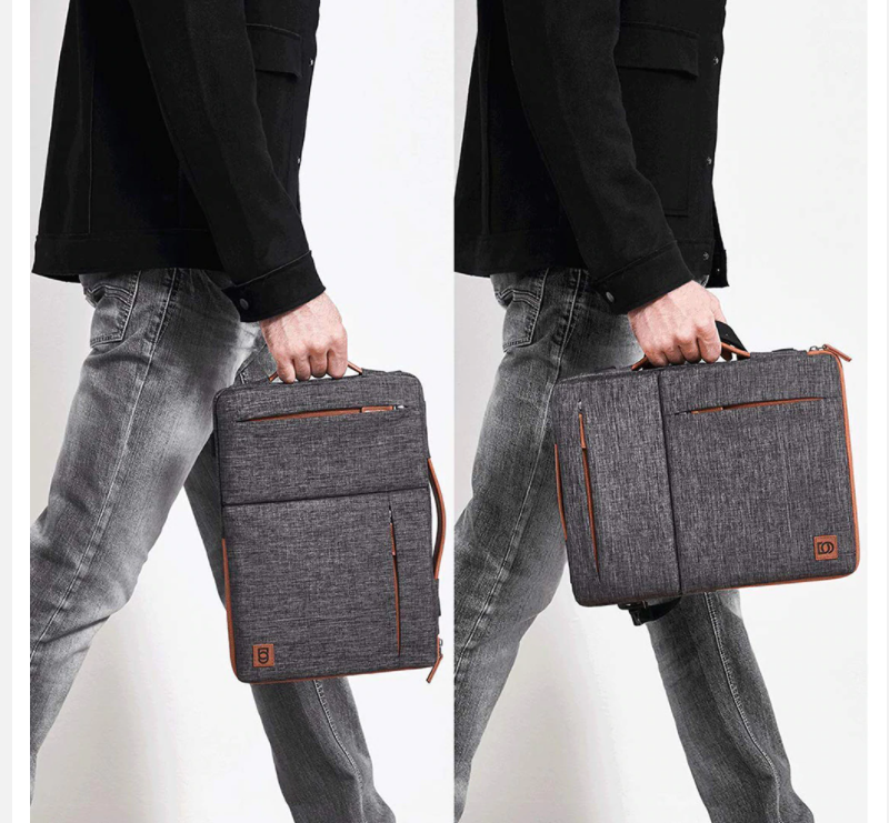 man holding the laptop bag in horizontal and vertical way