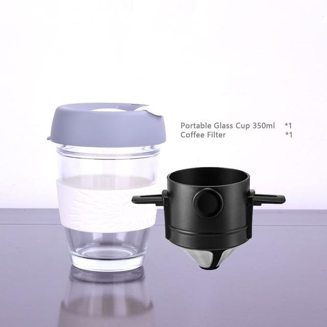 white gray portable glass cup with coffee filter